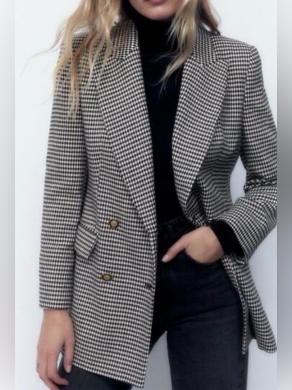 ZARA Houndstooth Double-Breasted Blazer – Size S